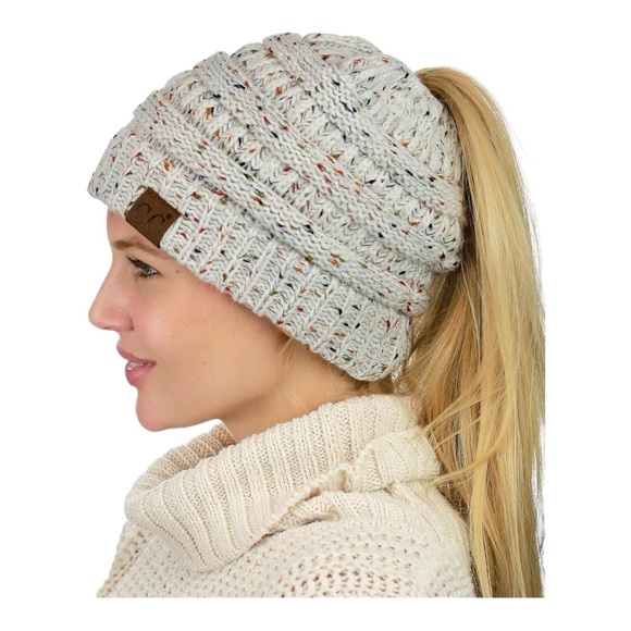 C.C Accessories - C.C Ponytail Beanie - One Size, Confetti Ivory